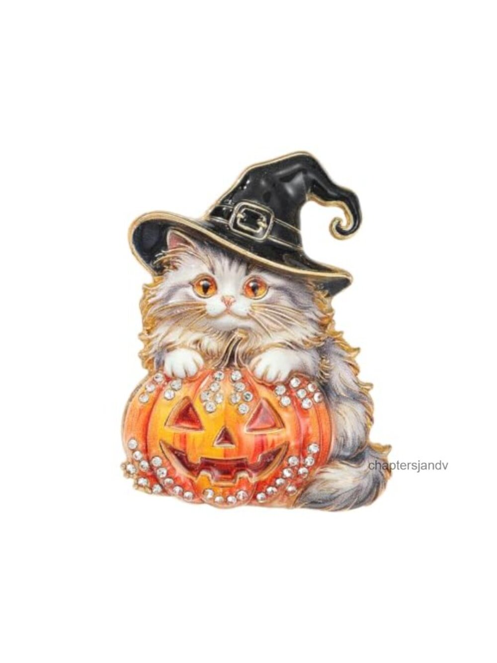 Witch Cat Brooch Pin Halloween Pumpkin Enamel Rhinestone 1.5 Inch